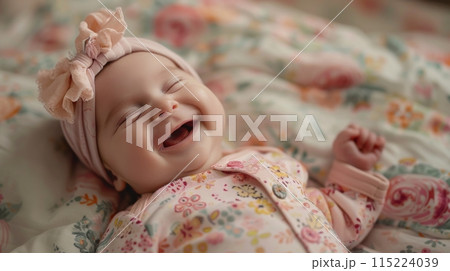 Sweet infant baby girl giggling on a flower patterned blanket 115224039