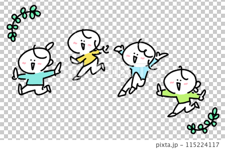 婦女們充滿活力地奔跑，帶著微笑跳躍，幸福、希望、有趣、簡單可愛的線條畫插圖。 115224117