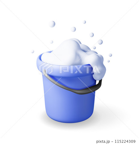 3d plastic bucket with soapy foam and bubbles 3d plastic bucket with soapy foam and bubbles 115224309