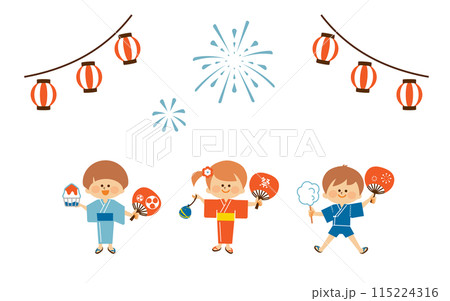 お祭り 浴衣を着て笑顔で立つ子供達 お祭り 浴衣を着て笑顔で立つ子供達 115224316