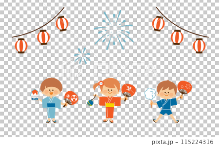 Festival: Children standing with smiles on their faces wearing yukata 115224316