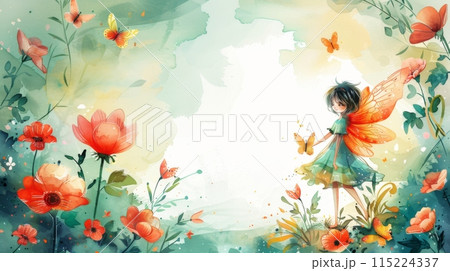 Whimsical illustration of a child with fairy wings in a vibrant floral garden surrounded by butterflies 115224337