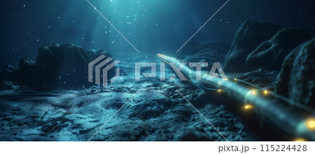 Underwater fiber optic cable being installed on ocean floor for internet connection 115224428