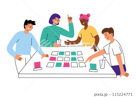 Friends playing board game with cards. Teams guess code words, competition word game at table. Composition with cartoon people at table. Vector illustration of family leisure activity at home 115224771