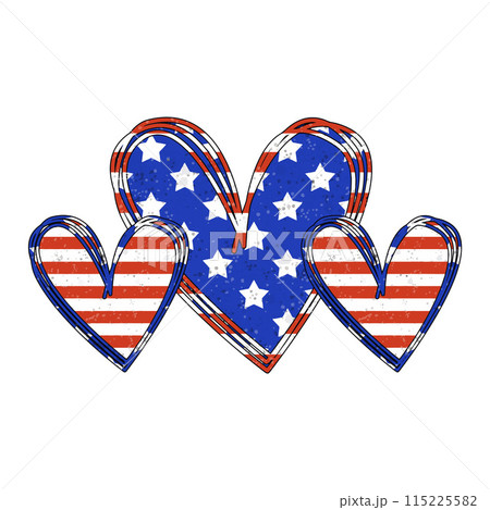 Three hearts adorned with the American flag, featuring stars and stripes in a charming rustic design. Three hearts adorned with the American flag, featuring stars and stripes in a charming rustic design. 115225582