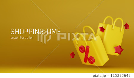 3d vector render online shopping bag using tags promotion or cash for future use. 3d vector shop purchase basket retail store on e-commerce 115225645