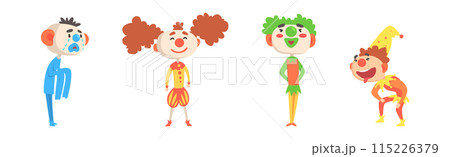 Funny Clown Boy Character in Bright Costume with Nose Vector Set 115226379