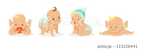 Infant Newborn Baby Wear Diaper in Different Activity Vector Set 115226441