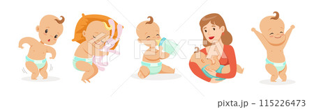 Infant Newborn Baby Wear Diaper in Different Activity Vector Set 115226473