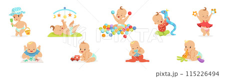 Infant Newborn Baby Wear Diaper in Different Activity Vector Set 115226494