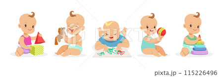 Infant Newborn Baby Wear Diaper in Different Activity Vector Set 115226496