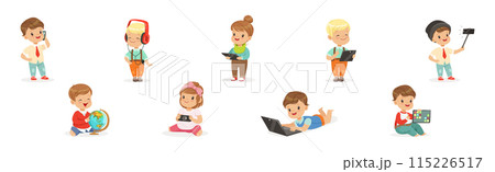 Cute Kids Using Modern Mobile Gadgets Vector Set 115226517