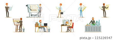 Man Architect Character and Construction Engineer Worker Vector Set 115226547