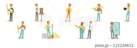 Man Builder and Engineer Character in Hard Hat Vector Set 115226612