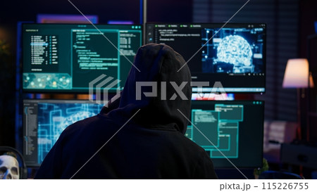 Cybercriminal using AI machine learning to develop zero day exploit undetectable by antivirus software. Hacker using artificial intelligence technology to build script tricking firewalls, camera B 115226755