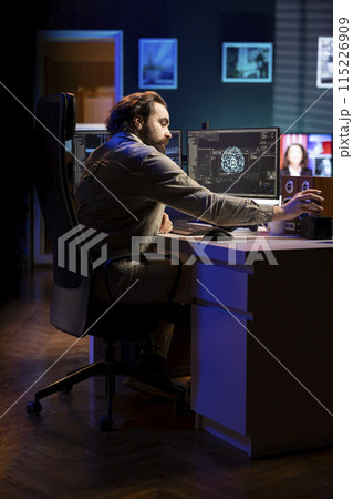 Developer inserting disk into PC containing language data models able to create conscient AI. IT admin placing cartridge in computer with machine learning data awakening artificial intelligence Developer inserting disk into PC containing language data models able to create conscient AI. IT admin placing cartridge in computer with machine learning data awakening artificial intelligence 115226909
