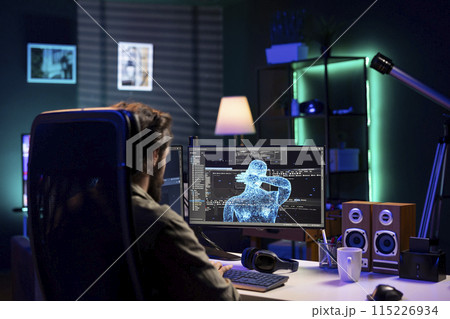 Self aware AI gaining humanoid form inside cyberspace, waving hand, saluting system administrator. Artificial intelligence becoming sentient, greeting IT specialist working from home Self aware AI gaining humanoid form inside cyberspace, waving hand, saluting system administrator. Artificial intelligence becoming sentient, greeting IT specialist working from home 115226934