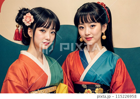 浮世絵風の女性二人組の美人画 115226958