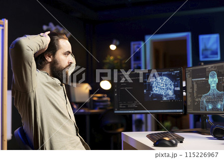 Artificial intelligence entity with anthropomorphic body escaping control of creator, shocking software developer. AI robot gaining humanoid form inside computer, surprising bewildered engineer 115226967