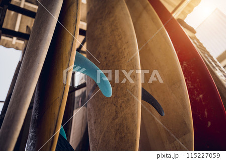A variety of surfboards are neatly displayed on a stand 115227059