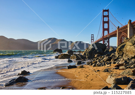 Boulders blocking path to Golden Gate Bridge on San Francisco Marshalls Beach 115227085