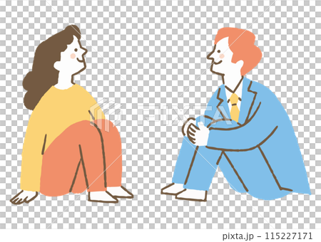 Men and women sitting on the floor and looking up_color Men and women sitting on the floor and looking up_color 115227171
