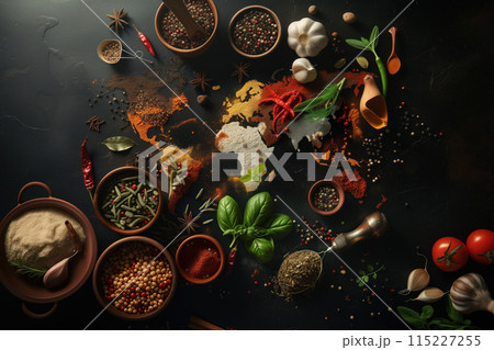 Spices, herbs, food ingredients from around world on dark background. AI Generative Spices, herbs, food ingredients from around world on dark background. AI Generative 115227255