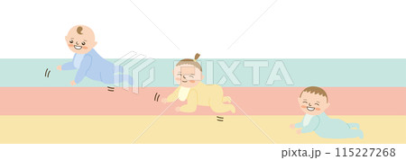 笑顔でハイハイレースをする赤ちゃん、コピースペースあり、横長 115227268