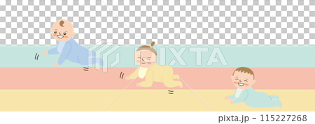 笑顔でハイハイレースをする赤ちゃん、コピースペースあり、横長 115227268