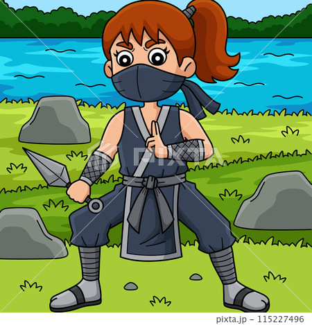 Ninja Kunoichi with a Kunai Colored Cartoon  115227496