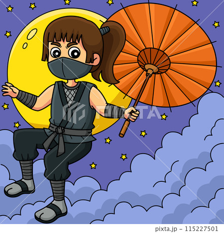 Ninja Kunoichi Holding an Umbrella Colored Cartoon Ninja Kunoichi Holding an Umbrella Colored Cartoon 115227501