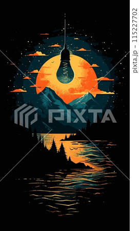 Mountain landscape with a lamp on the background of the sun. Vector illustration 115227702