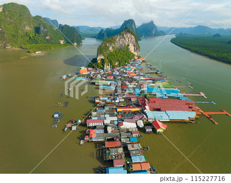 Aerial view of Panyee island in Phang Nga Thailand,High angle view  Floating village, Koh Panyee fishing village island in Phang Nga, Thailand 115227716