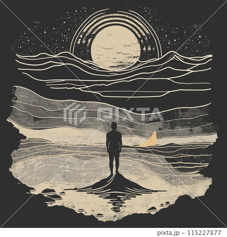 Surfer on the beach. Hand drawn vector illustration. Vintage style. 115227877
