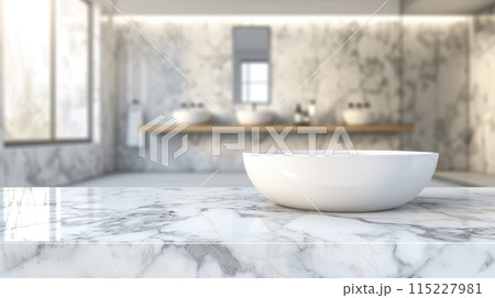 White bathroom interior. Empty marble table top for product display with blurred bathroom interior background White bathroom interior. Empty marble table top for product display with blurred bathroom interior background 115227981