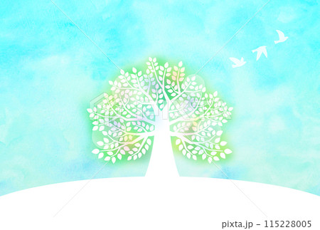 水彩風 羽ばたく鳥と幻想的な大きな木 115228005