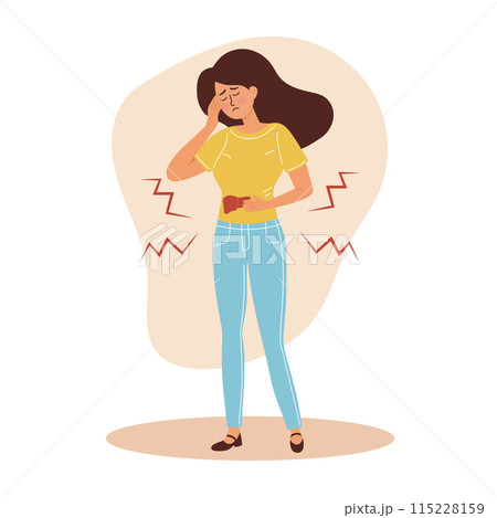 Sad woman suffer from liver problems. Girl feeling pain of the right side of abdomen. Healthcare and medicine. Liver cirrhosis, liver cancer. Sad woman suffer from liver problems. Girl feeling pain of the right side of abdomen. Healthcare and medicine. Liver cirrhosis, liver cancer. 115228159