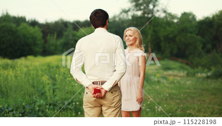 Wedding happy lovely young couple, man proposing a ring to his beloved woman outdoors in summer park 115228198