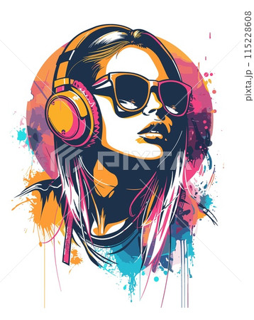 Fashion girl with headphones and colorful splashes. Vector illustration. 115228608