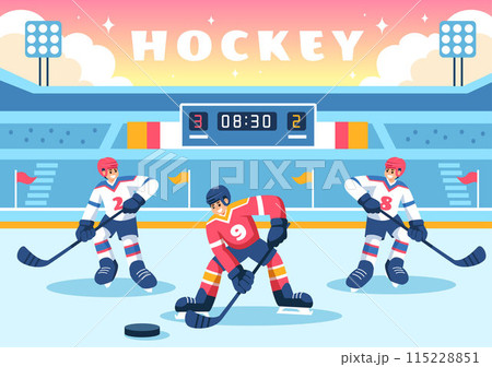 Ice Hockey Player Sport Vector Illustration featuring a Helmet, Stick, Puck, and Skates on an Ice Surface for Game or Championship in a Flat Cartoon Ice Hockey Player Sport Vector Illustration featuring a Helmet, Stick, Puck, and Skates on an Ice Surface for Game or Championship in a Flat Cartoon 115228851