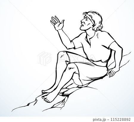 Vector drawing. Man sitting on the rock 115228892