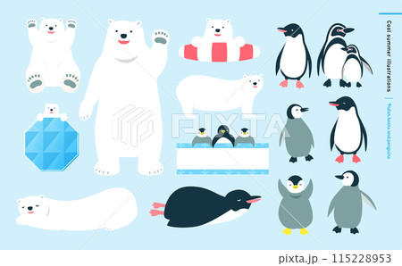 かわいいペンギンと白くまの夏のベクターイラスト素材セットのイラスト