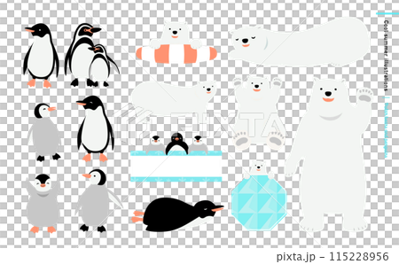 Cute penguin and polar bear summer vector illustration material set 115228956