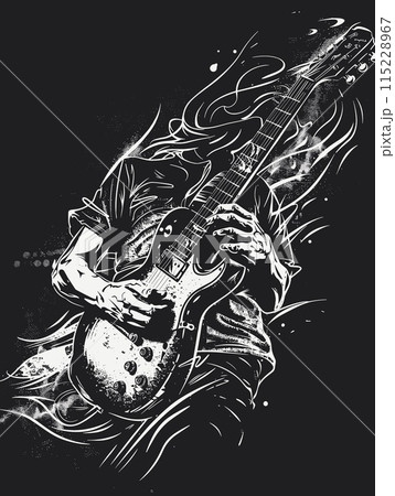 Guitar player. Hand drawn vector illustration on black background. 115228967