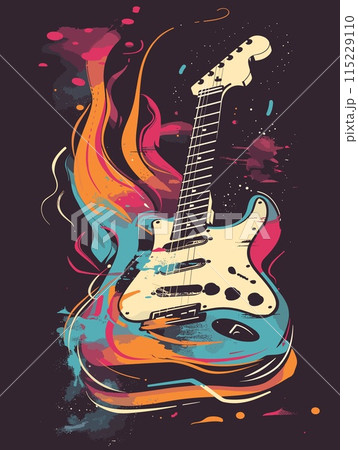 Vector illustration of an electric guitar with colorful splashes on black background 115229110