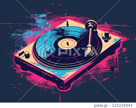 Turntable with vinyl record on grunge background, vector illustration 115229343