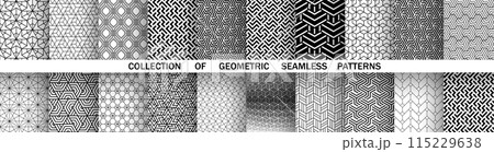 Geometric set of seamless black and white patterns. Simple vector graphics. 115229638