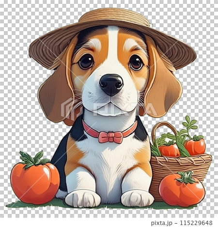 Summer vegetable tomato and beagle wearing a straw hat 7 / flyer and poster material 115229648