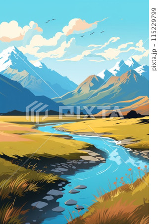 blue river beautiful mountain nature landscape illustration 115229799