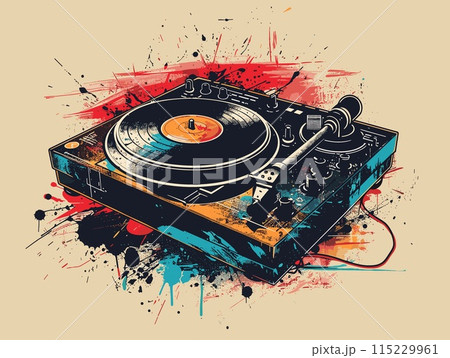 Vintage turntable with vinyl record. Grunge vector illustration 115229961